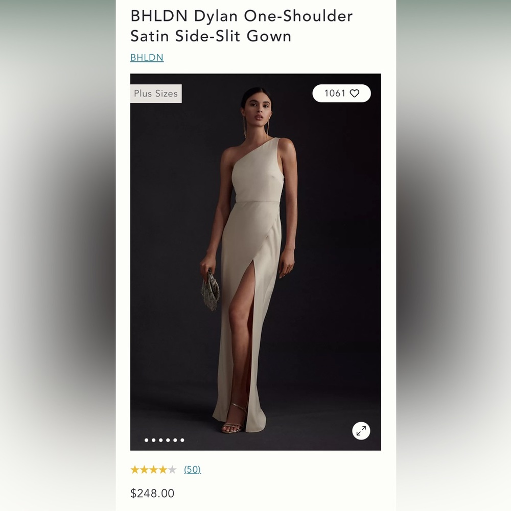 BHLDN Dylan one-shoulder satin dress size 2